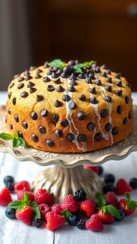 Decadent Chocolate Chip Passover Cake Recipe A decadent chocolate chip Passover cake on a stand, garnished with powdered sugar and berries.